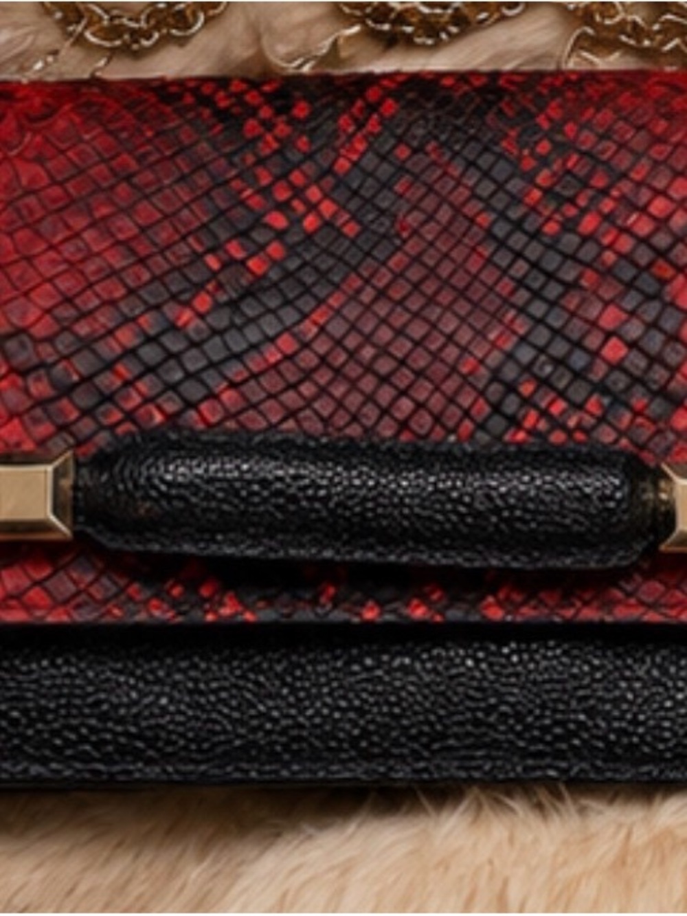 Henri Bendel Exotic Red and Black Snake-Embossed Clutch with Gold Hardware - Picture 8 of 13